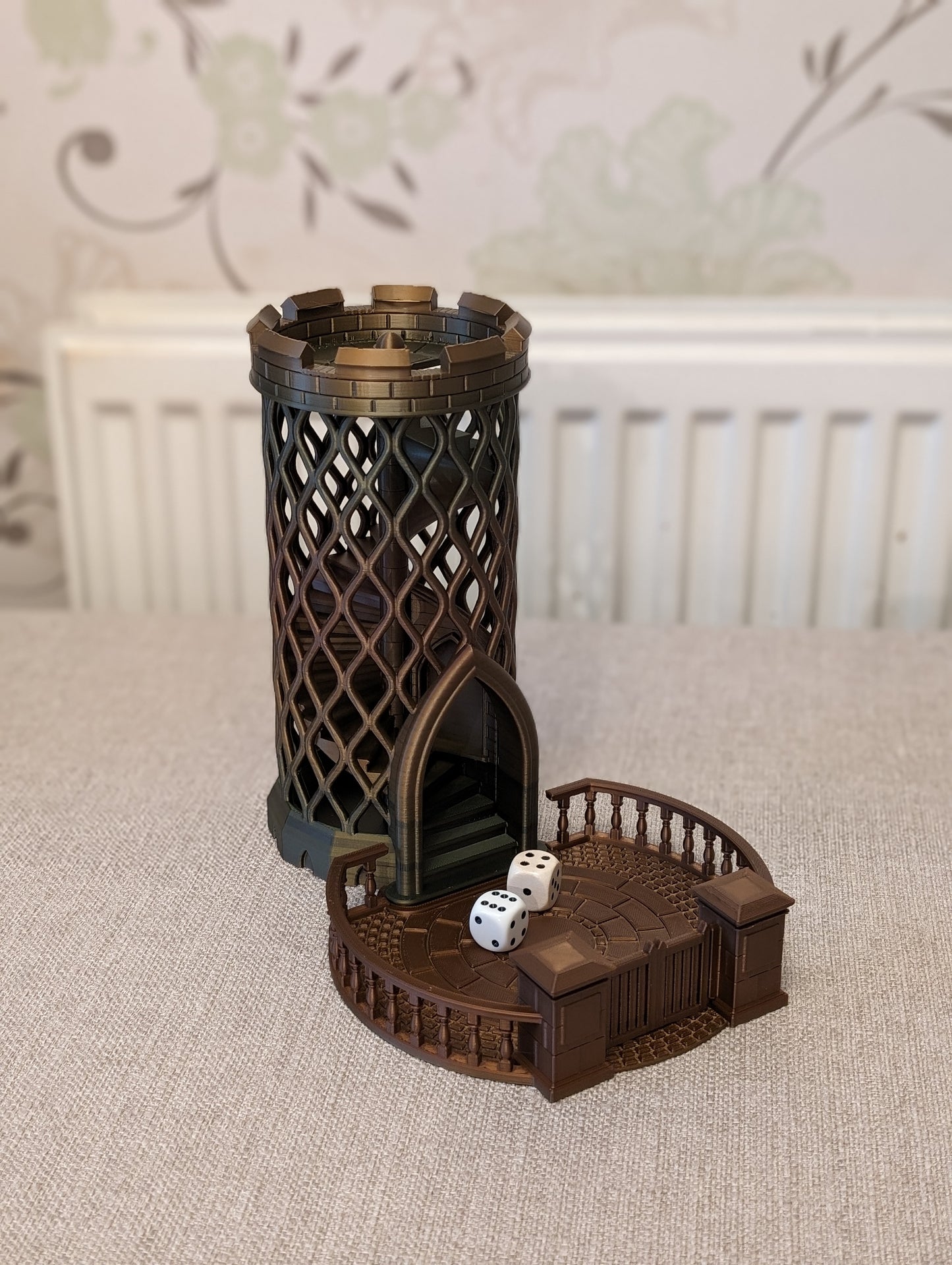 Castle turret dice tower from a front side angle close up