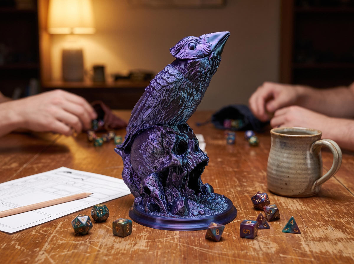 Raven dice tower on a table during a D&D game night