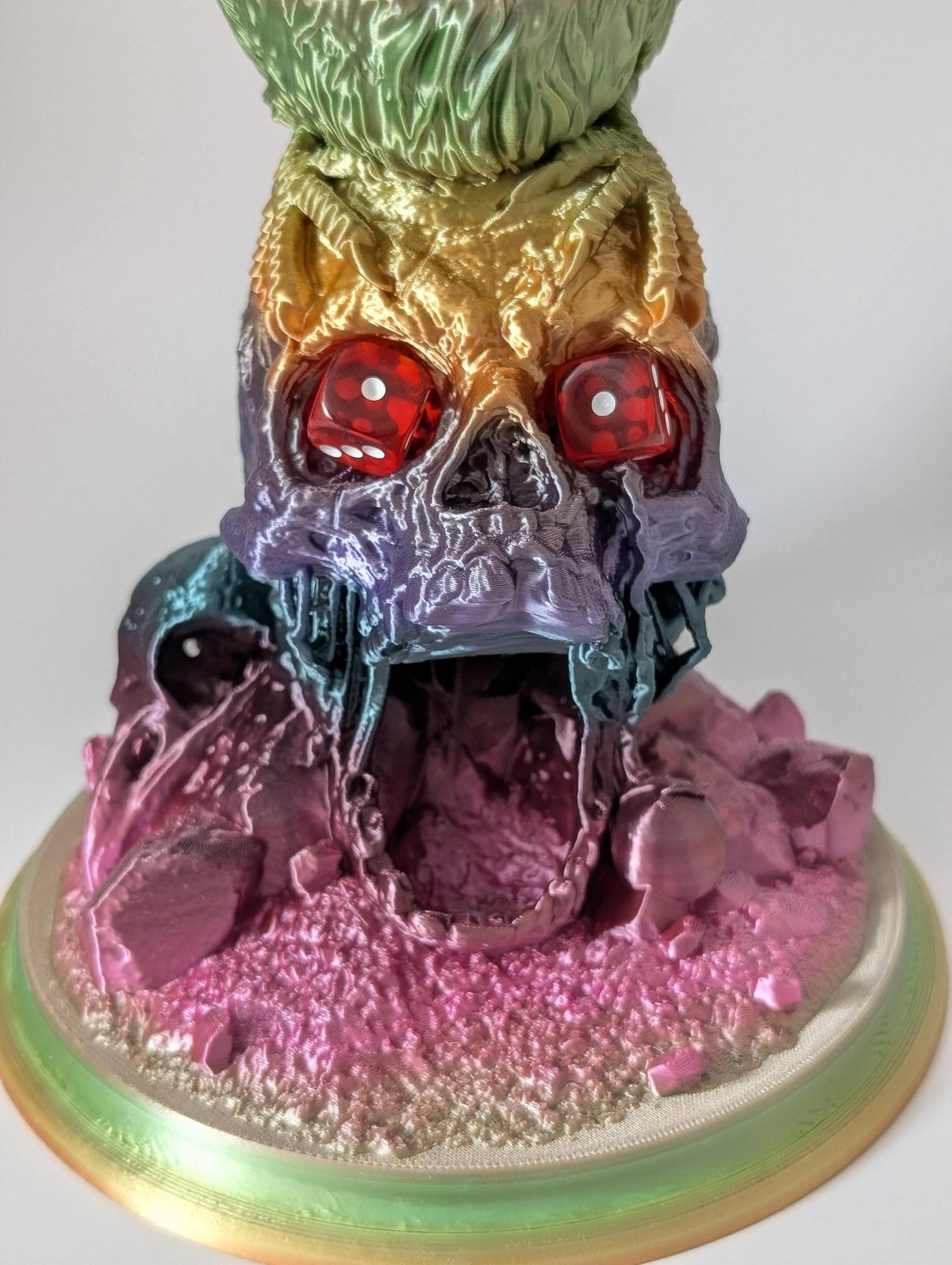 Close-up of the skull at the base of the raven dice tower