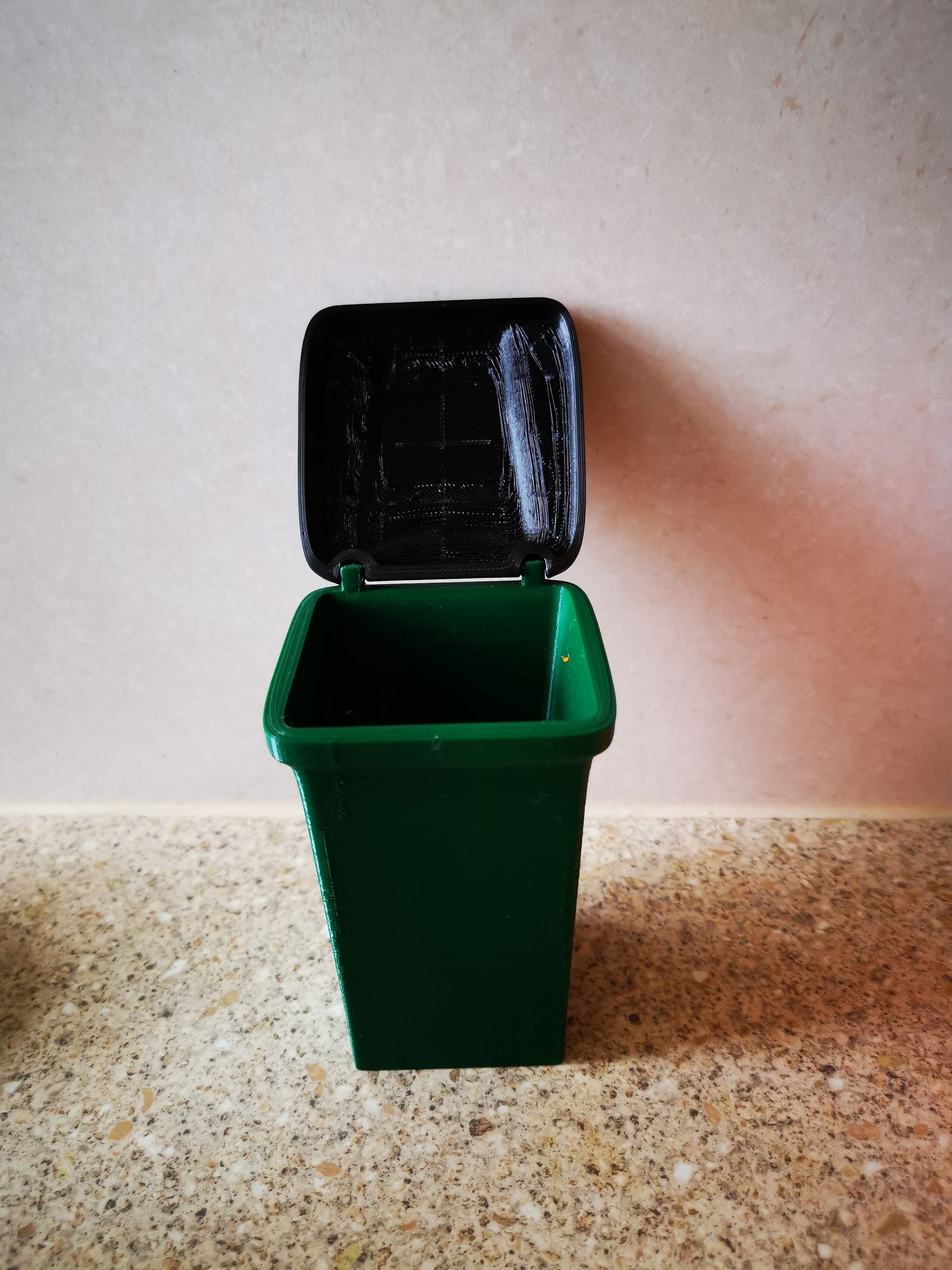 3D printed waste bin trash can from front with lid open