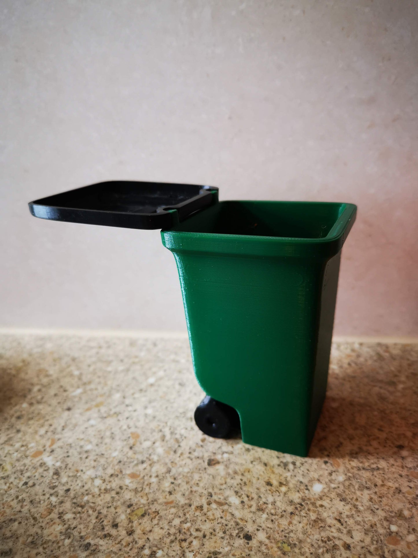 3D printed waste bin trash can with lid open