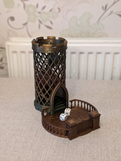 Castle turret dice tower from a front side angle close up