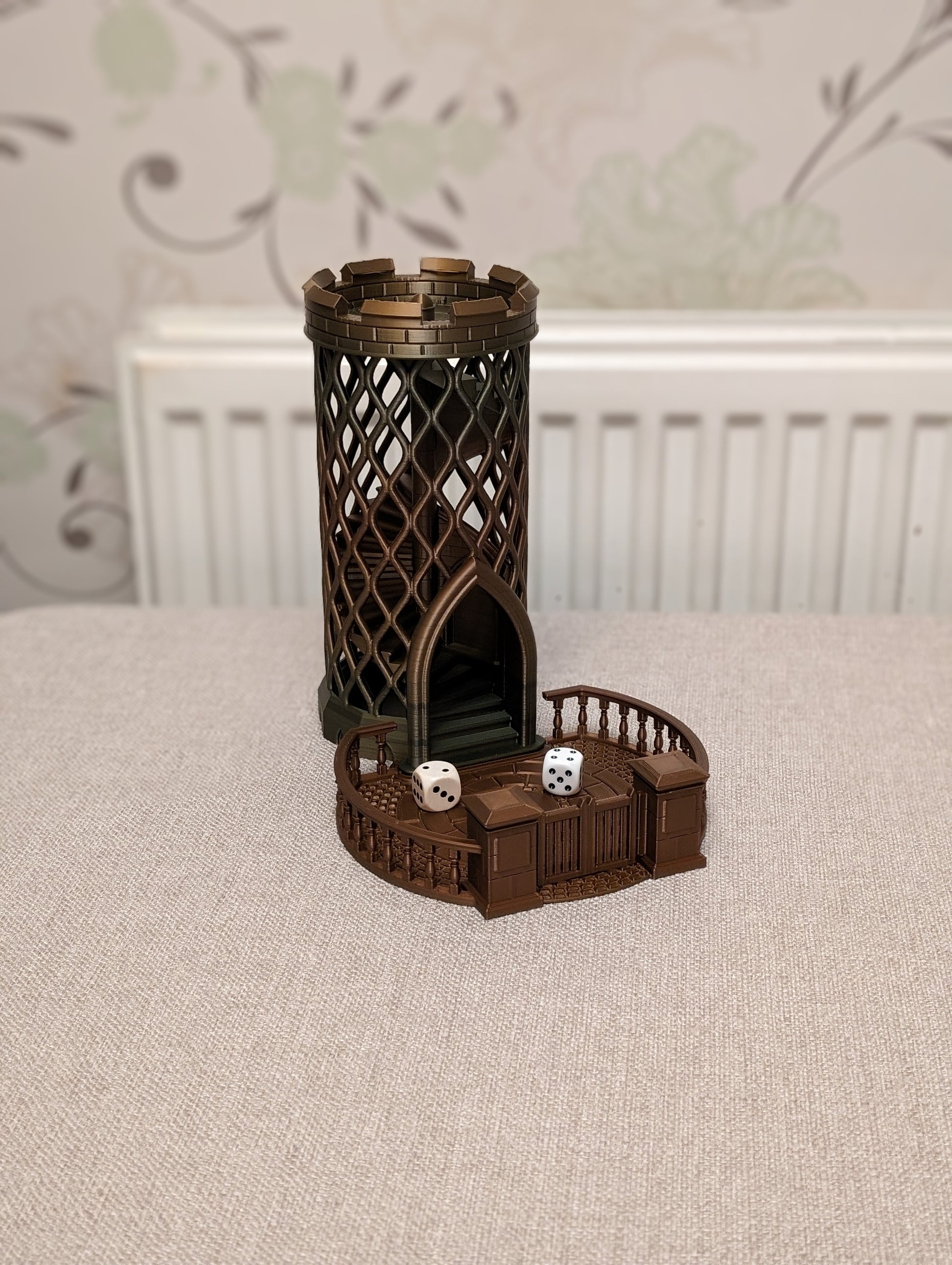 Castle turret dice tower from front side angle