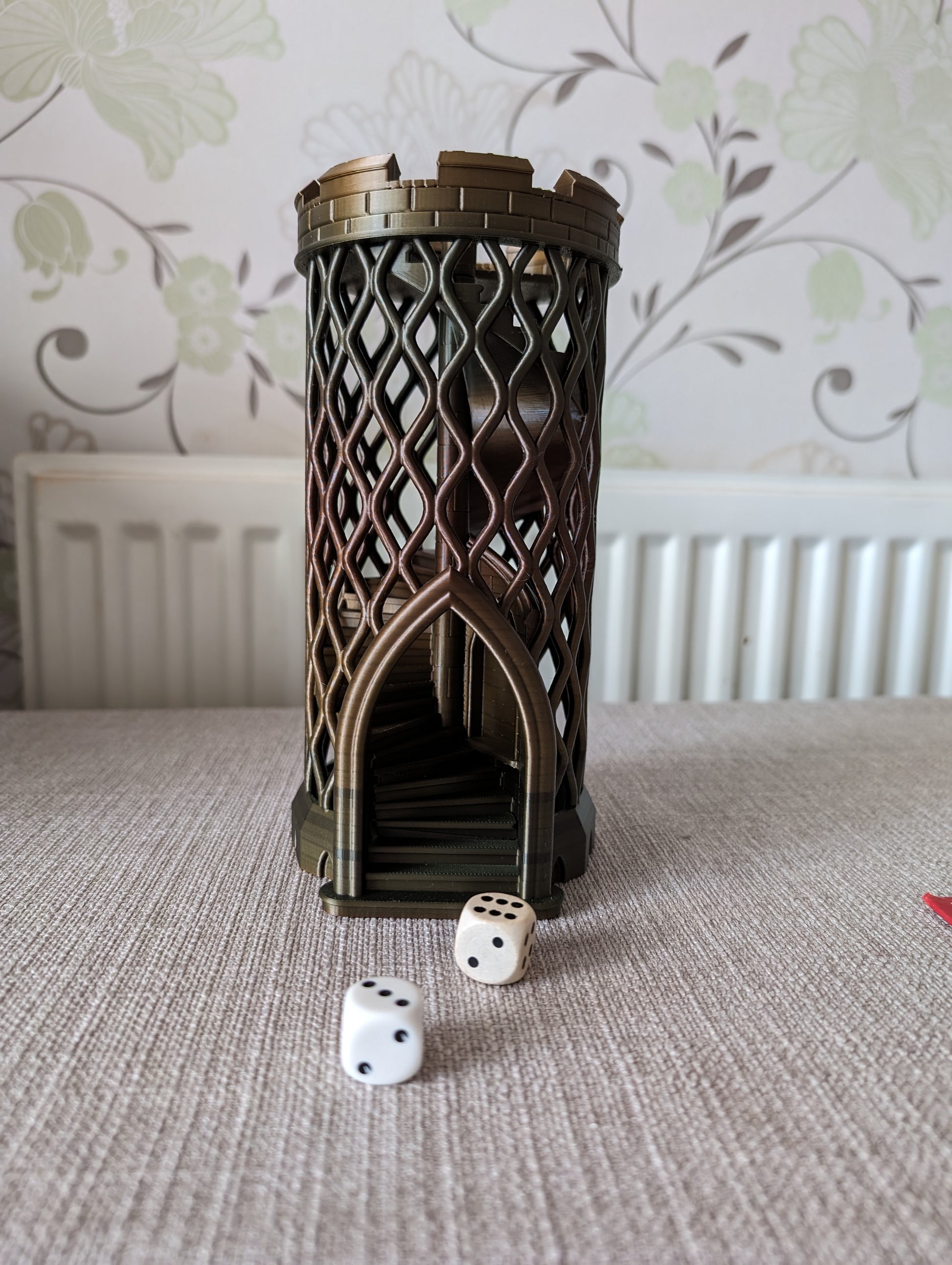 Castle turret dice tower from the front close up without dice catcher