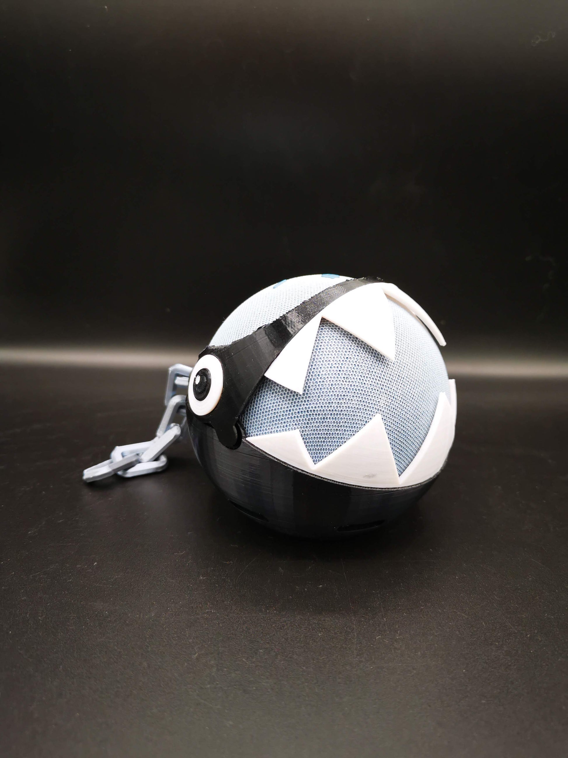 Chain Chomp Alexa Echo holder from a front side angle with mouth open