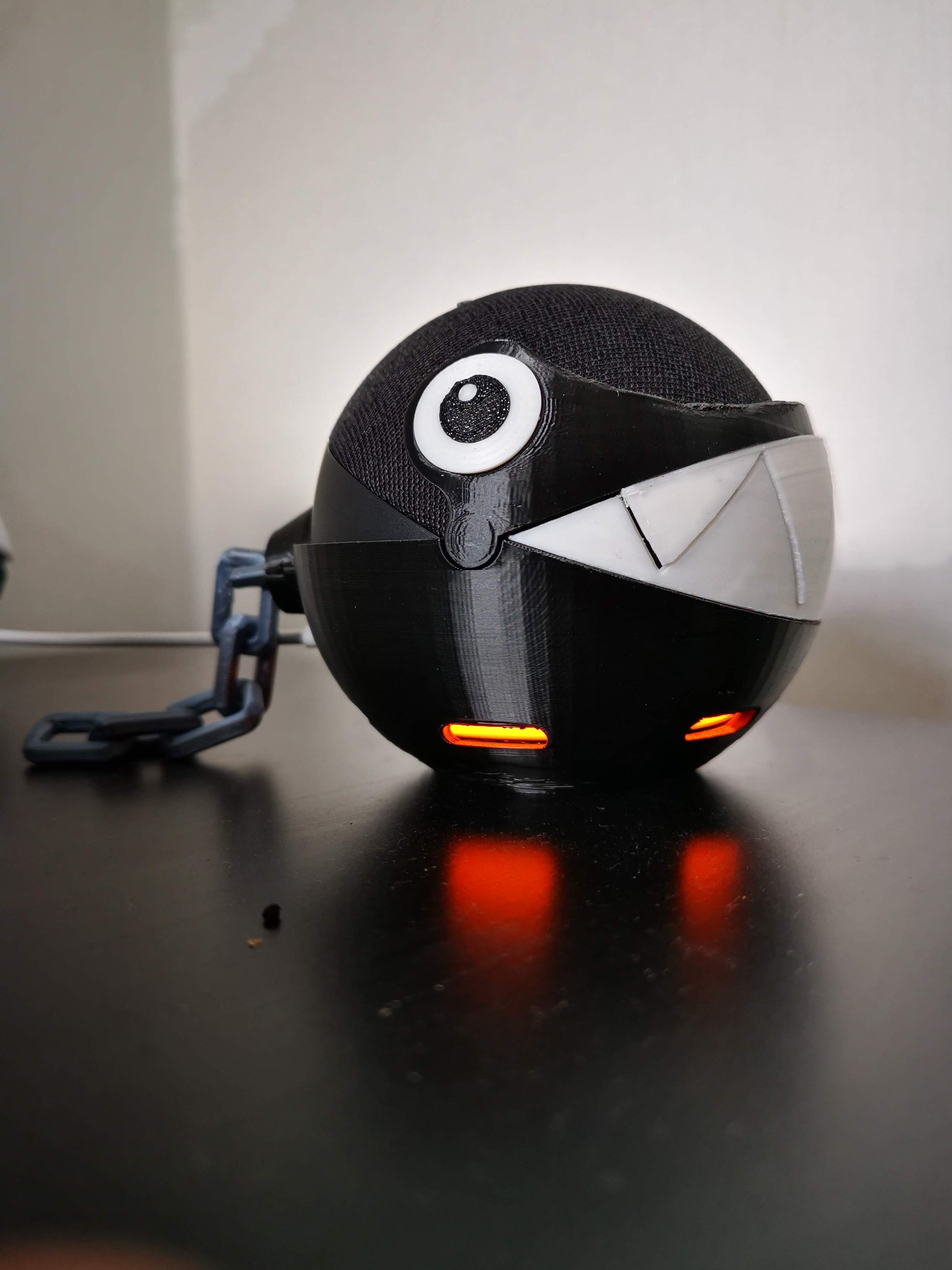 Chain Chomp Alexa Echo holder with teeth closed from side