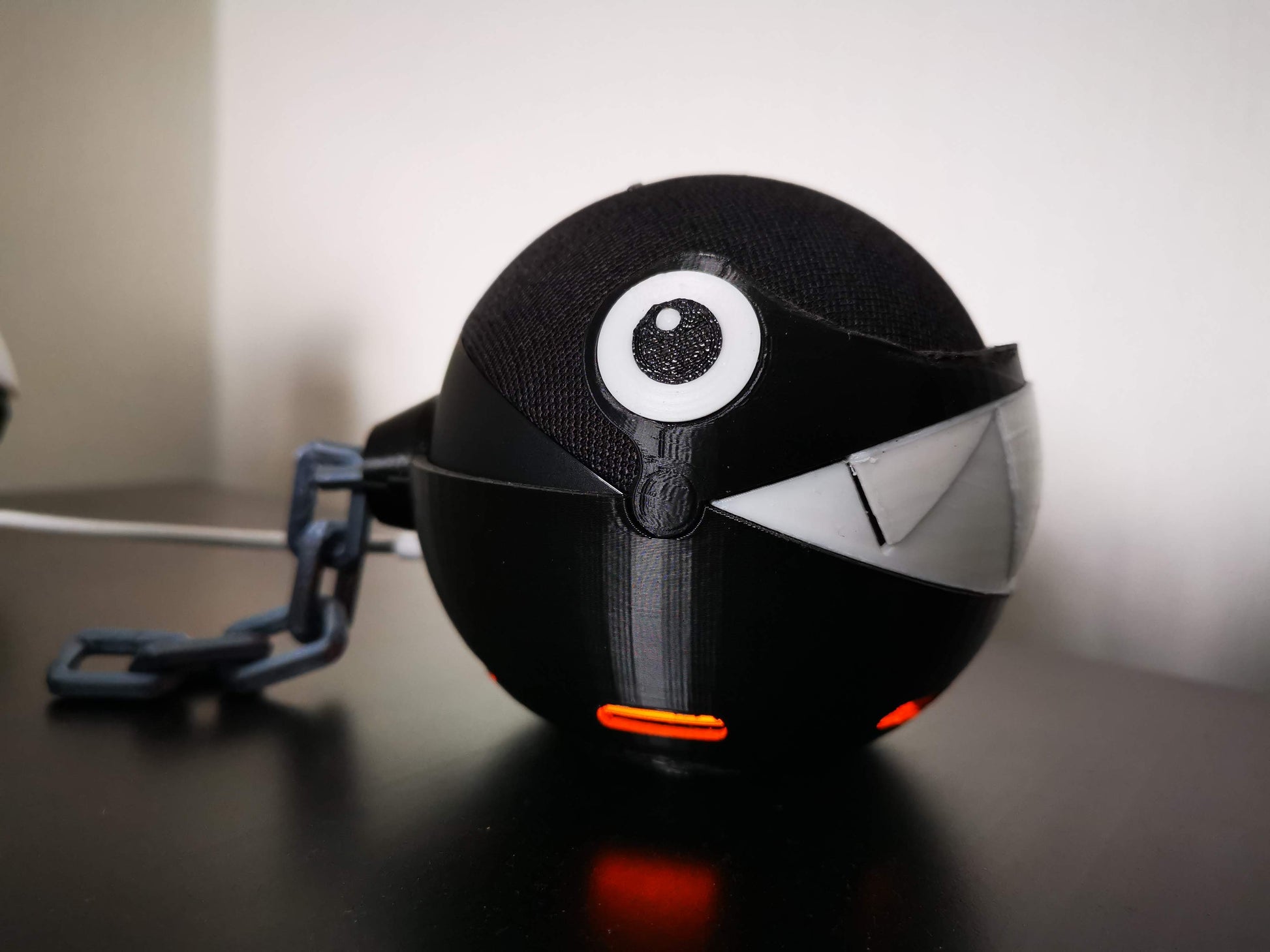 Chain Chomp Alexa Echo holder with teeth closed from side close up