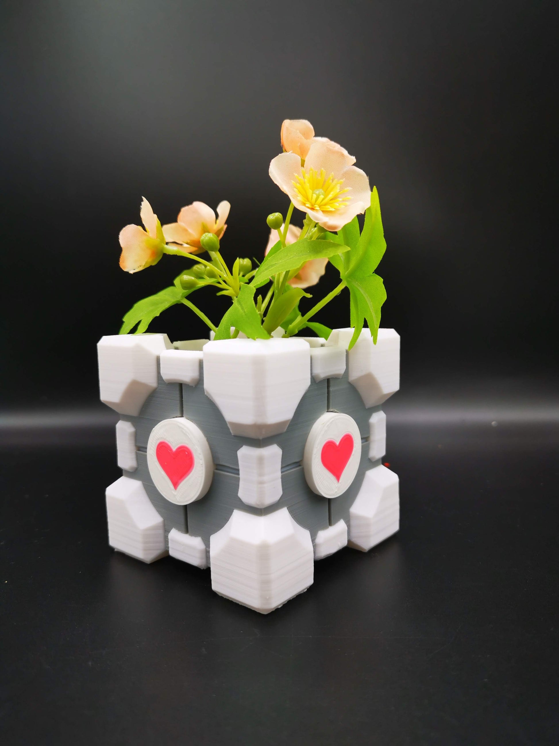 Companion Cube Portal planter close up from front side angle with plant