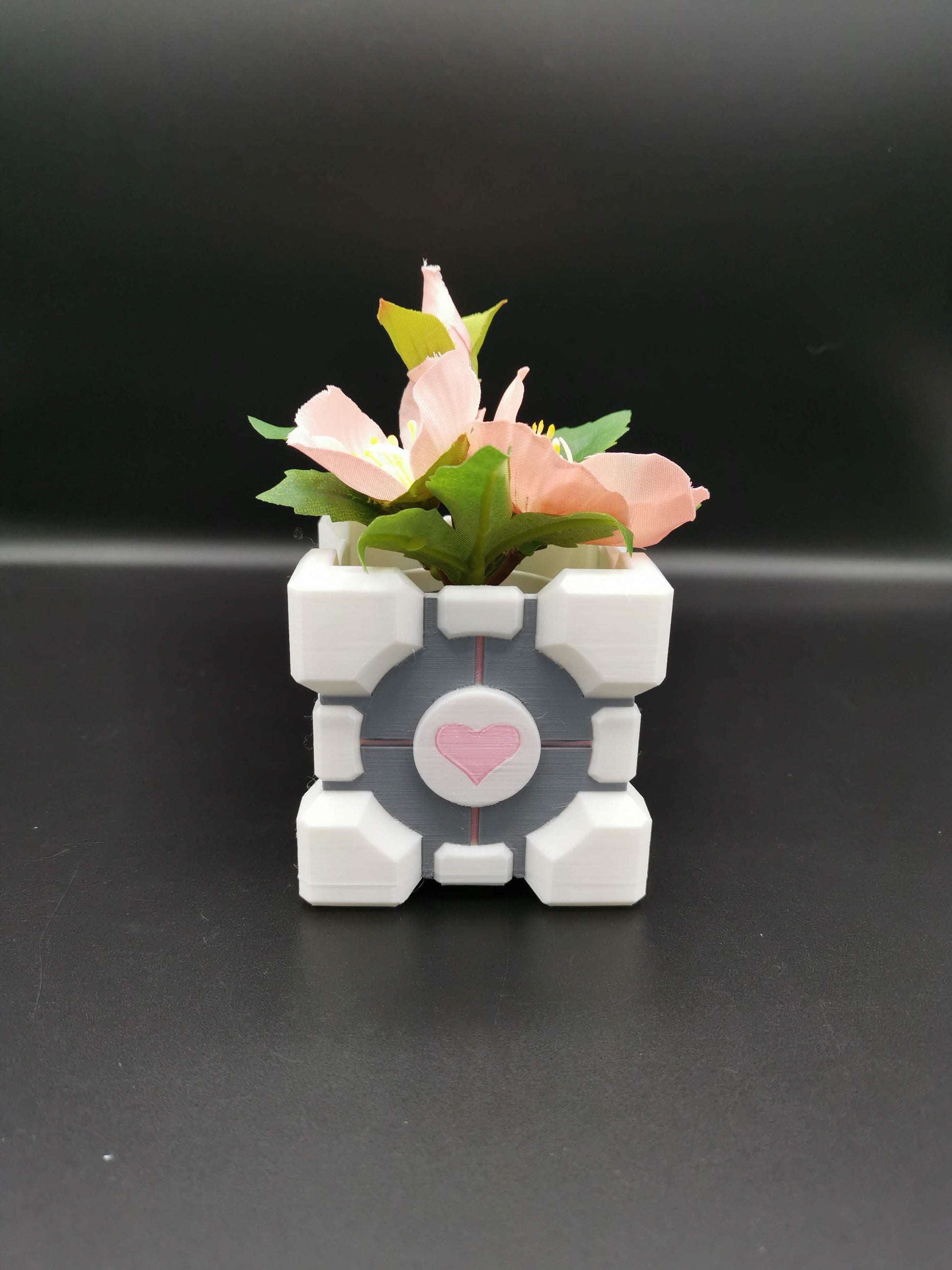 Companion Cube Portal planter close up from front angle with plant