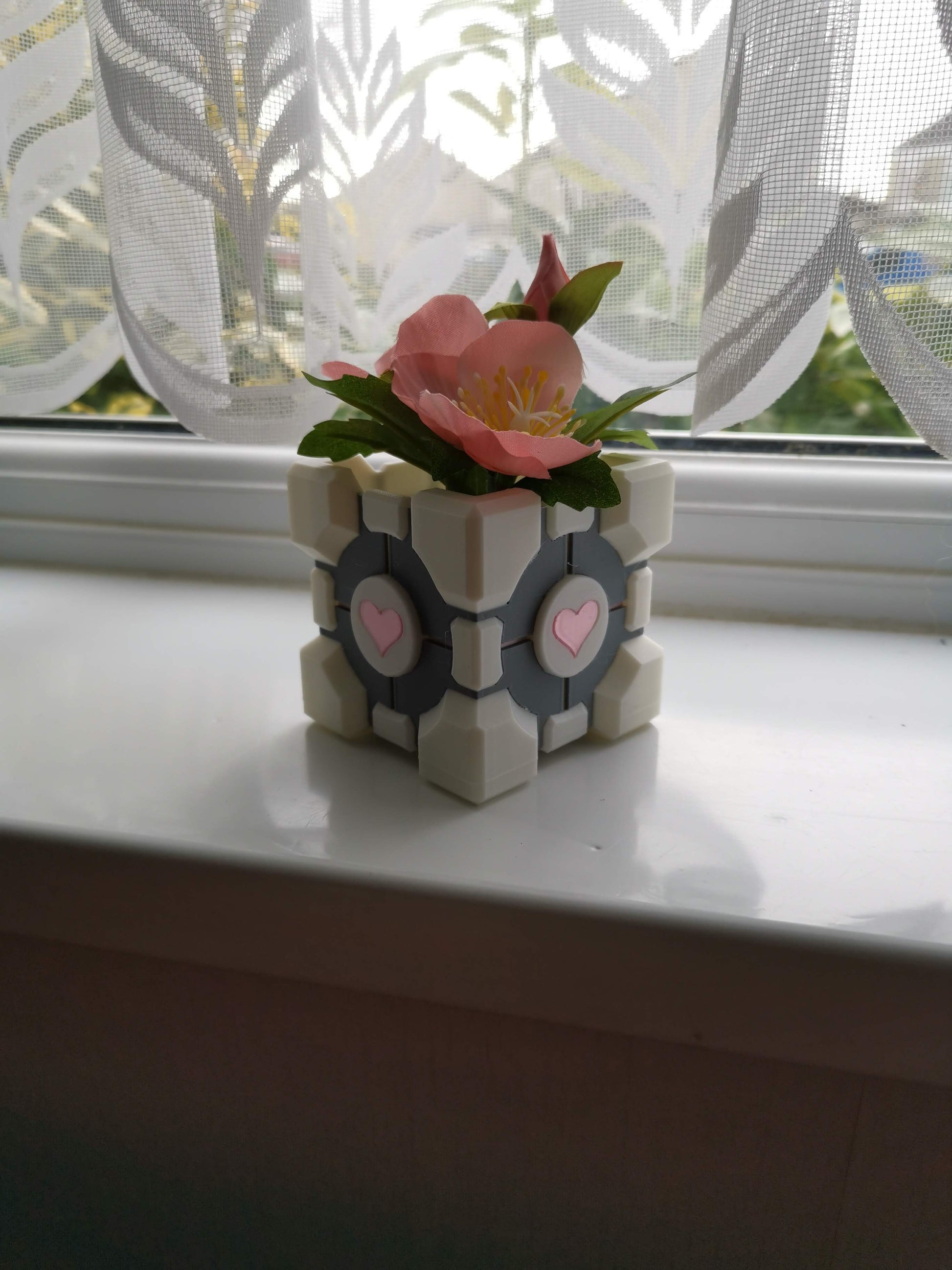 Companion Cube Portal planter on windowsill with plant