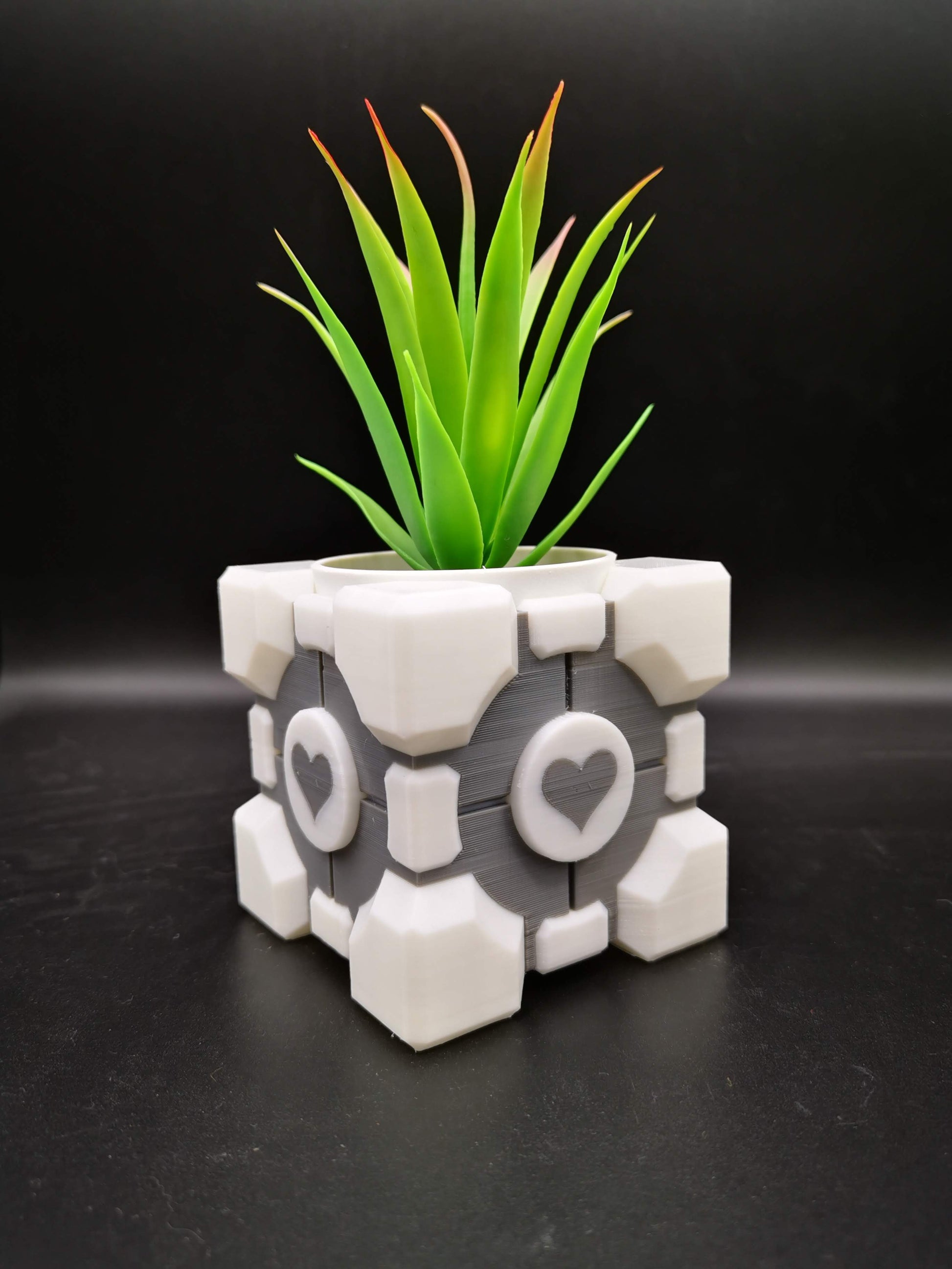 Companion Cube Portal planter with plant from angle with grey hearts