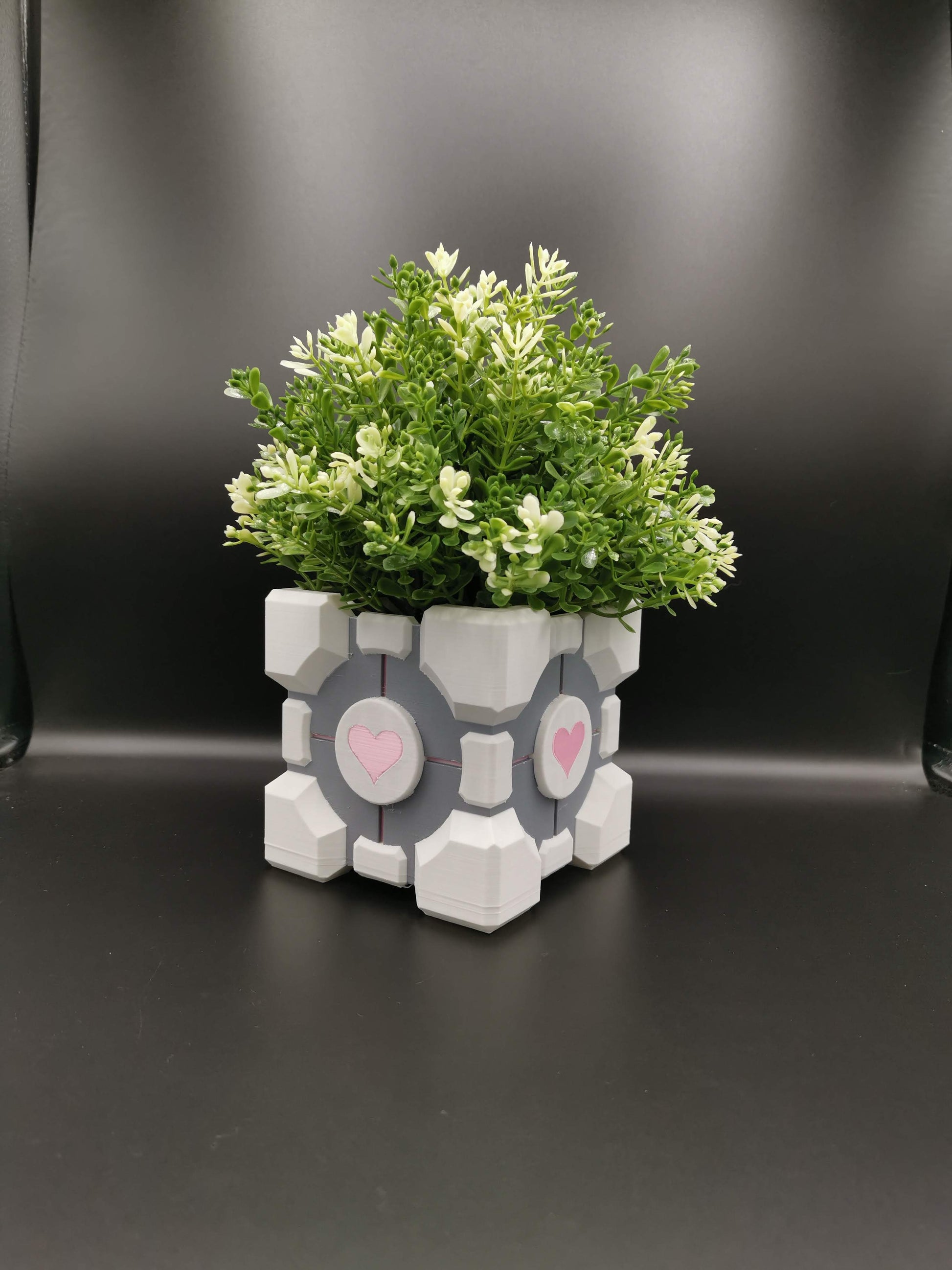 Companion Cube Portal planter with plant from front angle