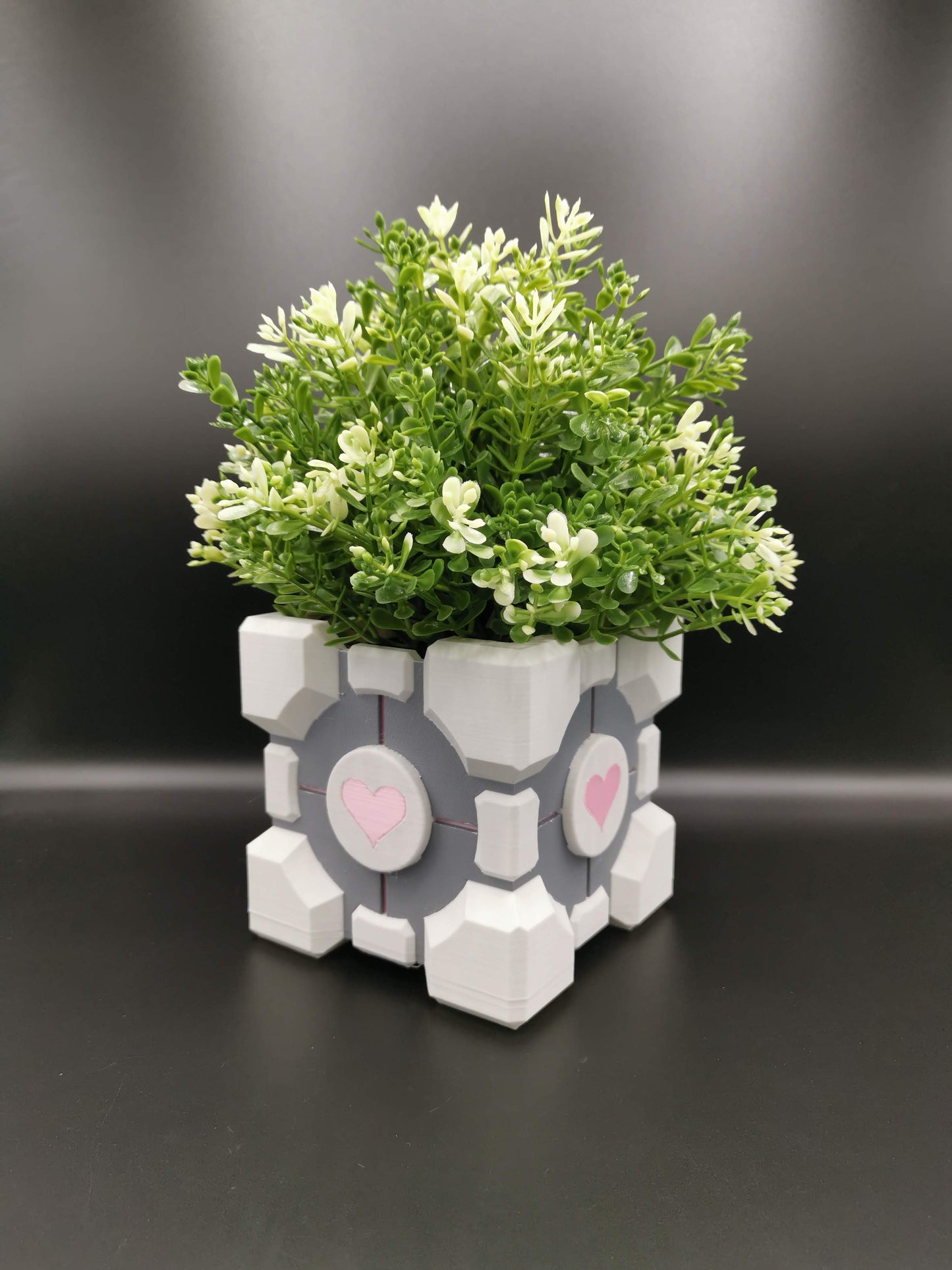 Companion Cube Portal planter with plant from front angle close up