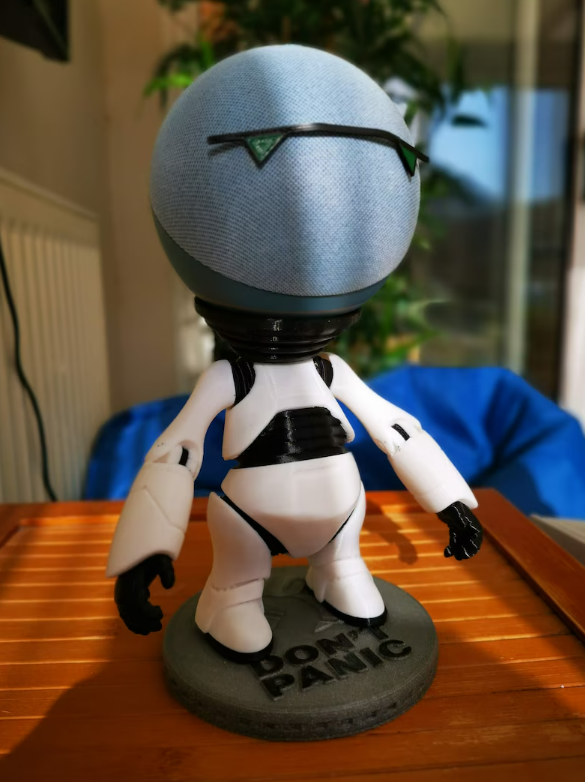 Marvin the Android Alexa Echo holder from front side angle close up