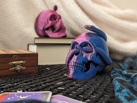 Skull ornaments with entwined snakes