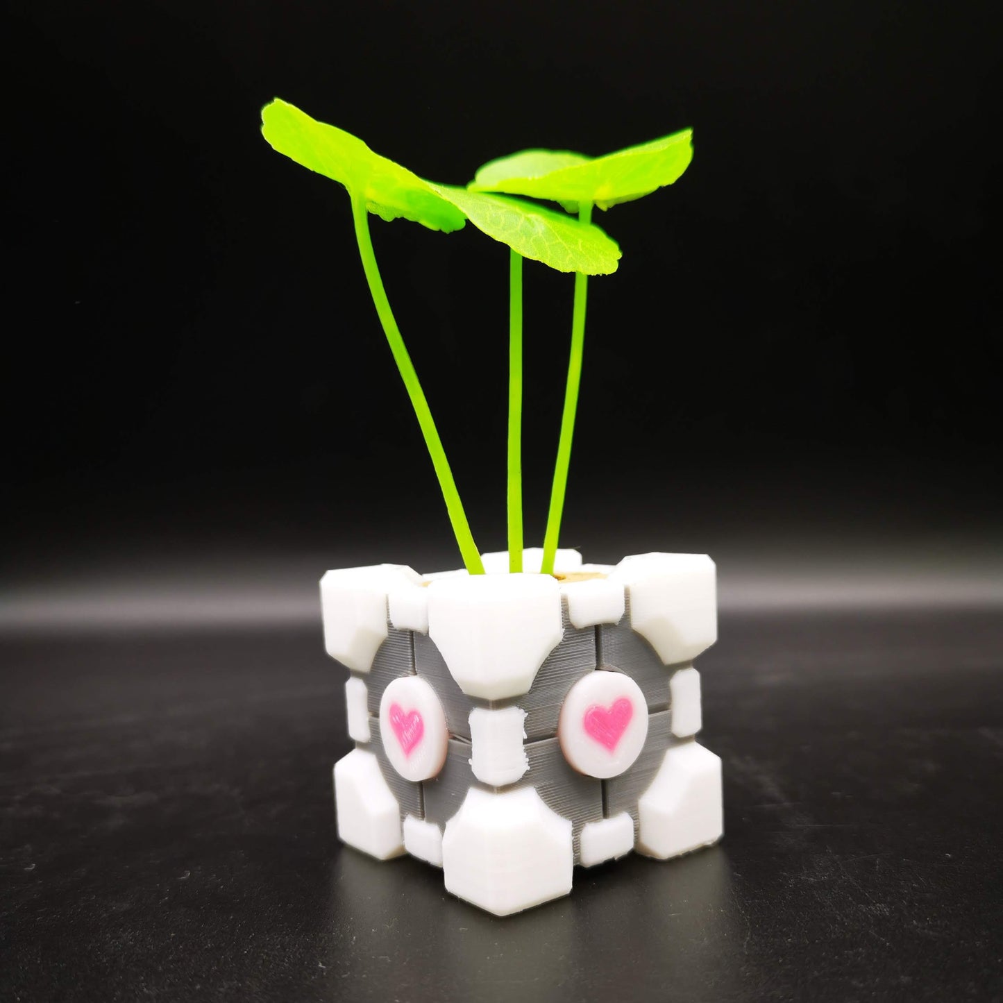 Small Companion Cube Portal planter with plant from angle with pink hearts