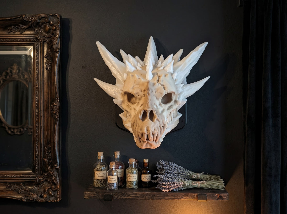 Crystal dragon skull hung on a dark gothic wall