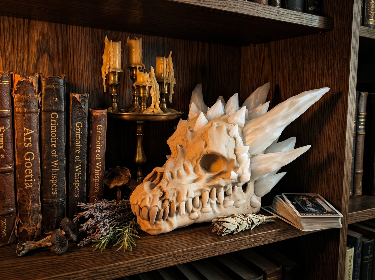 Crystal dragon skull on a fantasy bookshelf