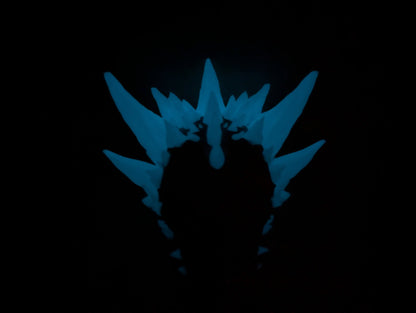 Dragon skull crystals glowing blue in the dark