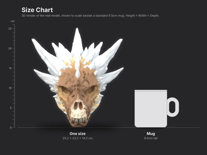 Crystal Dragon Skull size chart: 25.2 x 23.2 x 14.2 cm, shown beside a mug