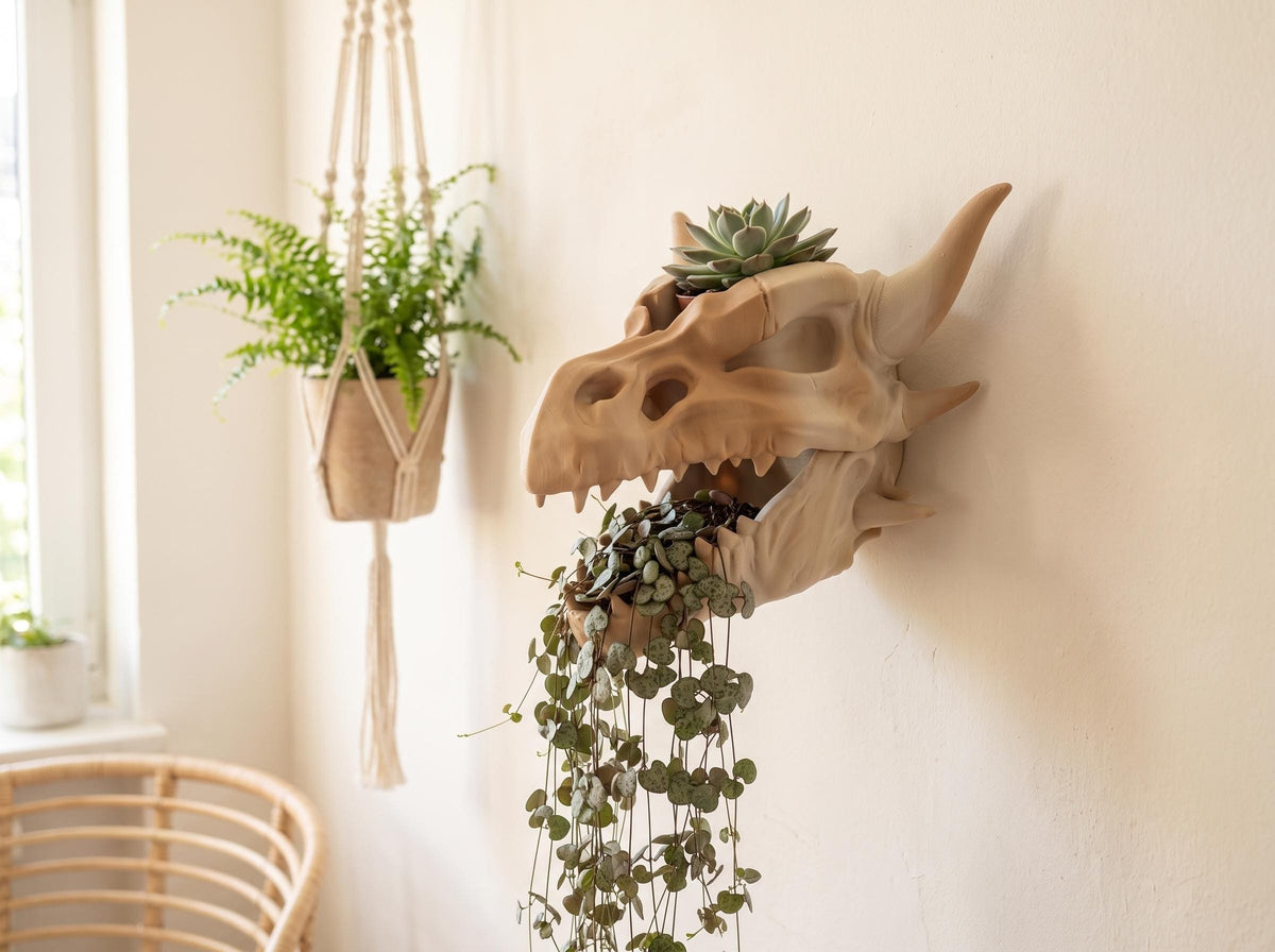 Dragon skull wall planter with a succulent on top and a string of hearts trailing from the mouth