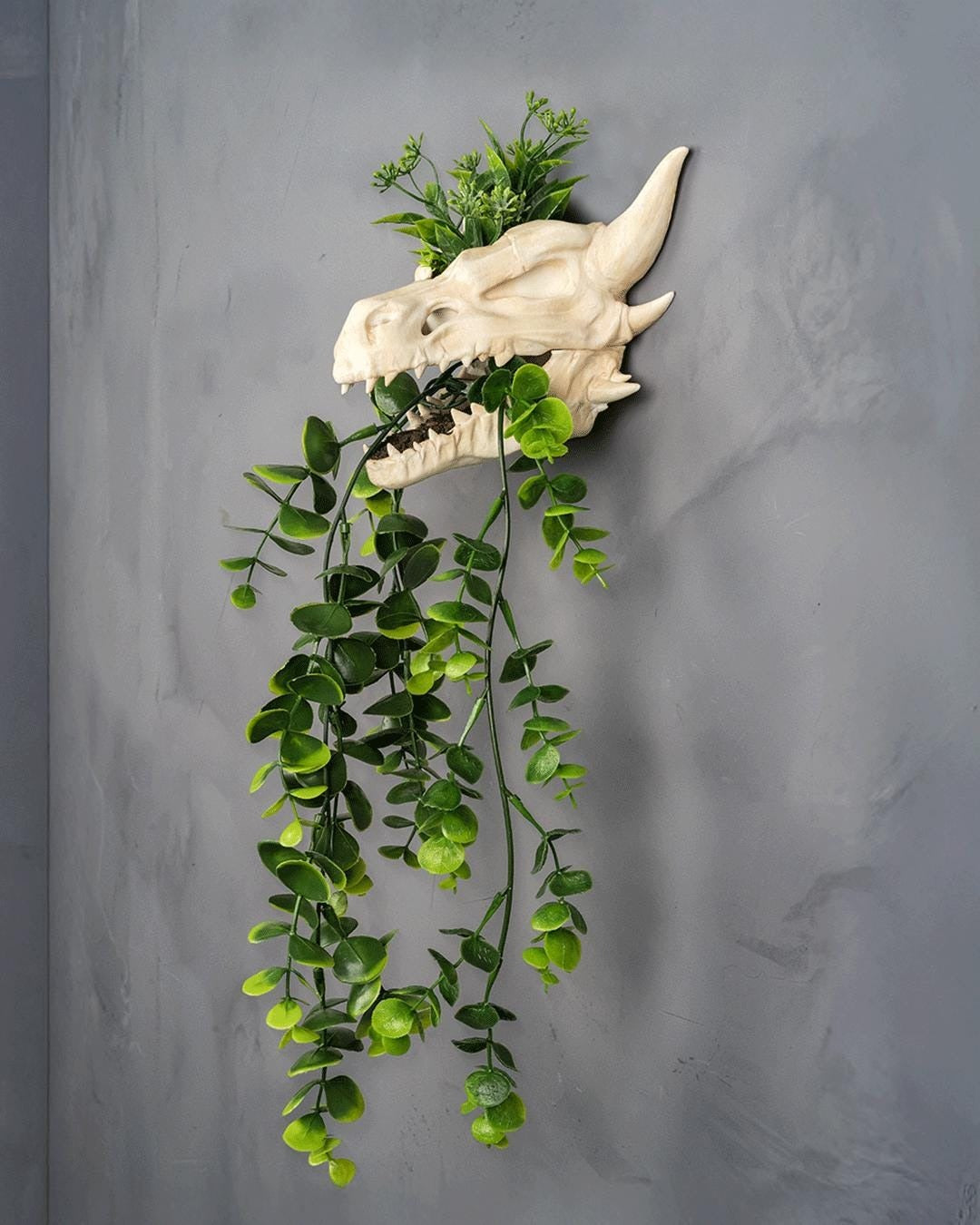 Dragon skull wall planter with artificial foliage on top and trailing from the mouth