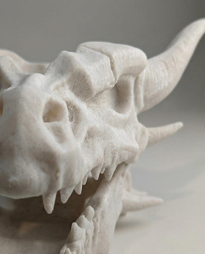 Side view of the 3D printed dragon skull planter showing the bone texture