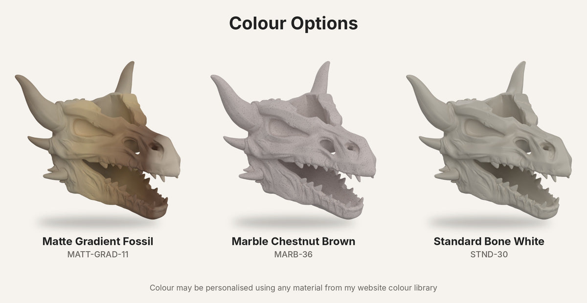 Dragon skull wall planter colour options: Matte Gradient Fossil, Marble Chestnut Brown and Standard Bone White