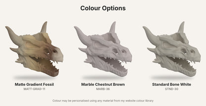 Dragon skull wall planter colour options: Matte Gradient Fossil, Marble Chestnut Brown and Standard Bone White