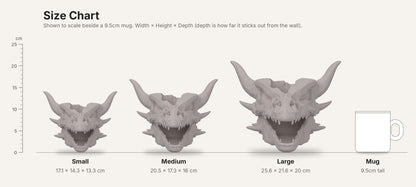 Dragon skull wall planter size chart: Small 17.1 x 14.3 x 13.3 cm, Medium 20.5 x 17.3 x 16 cm, Large 25.6 x 21.6 x 20 cm