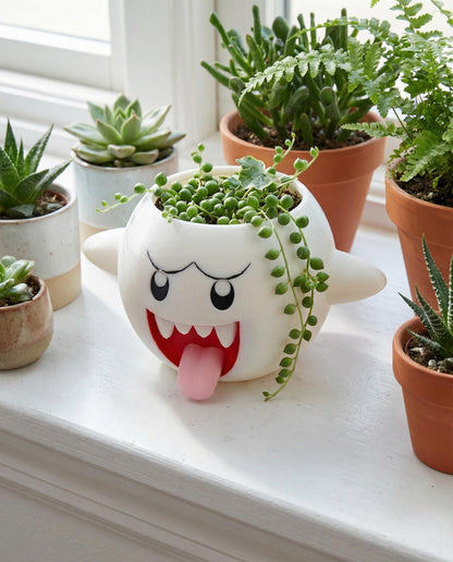 Boo ghost plant pot with trailing succulent on a sunny windowsill