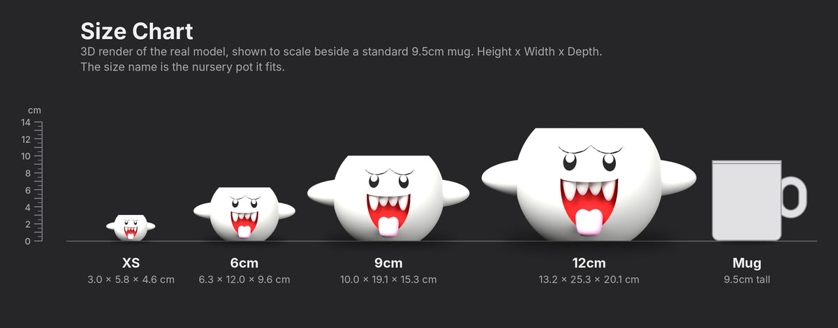 Boo planter size chart: XS, 6cm, 9cm and 12cm shown to scale beside a mug