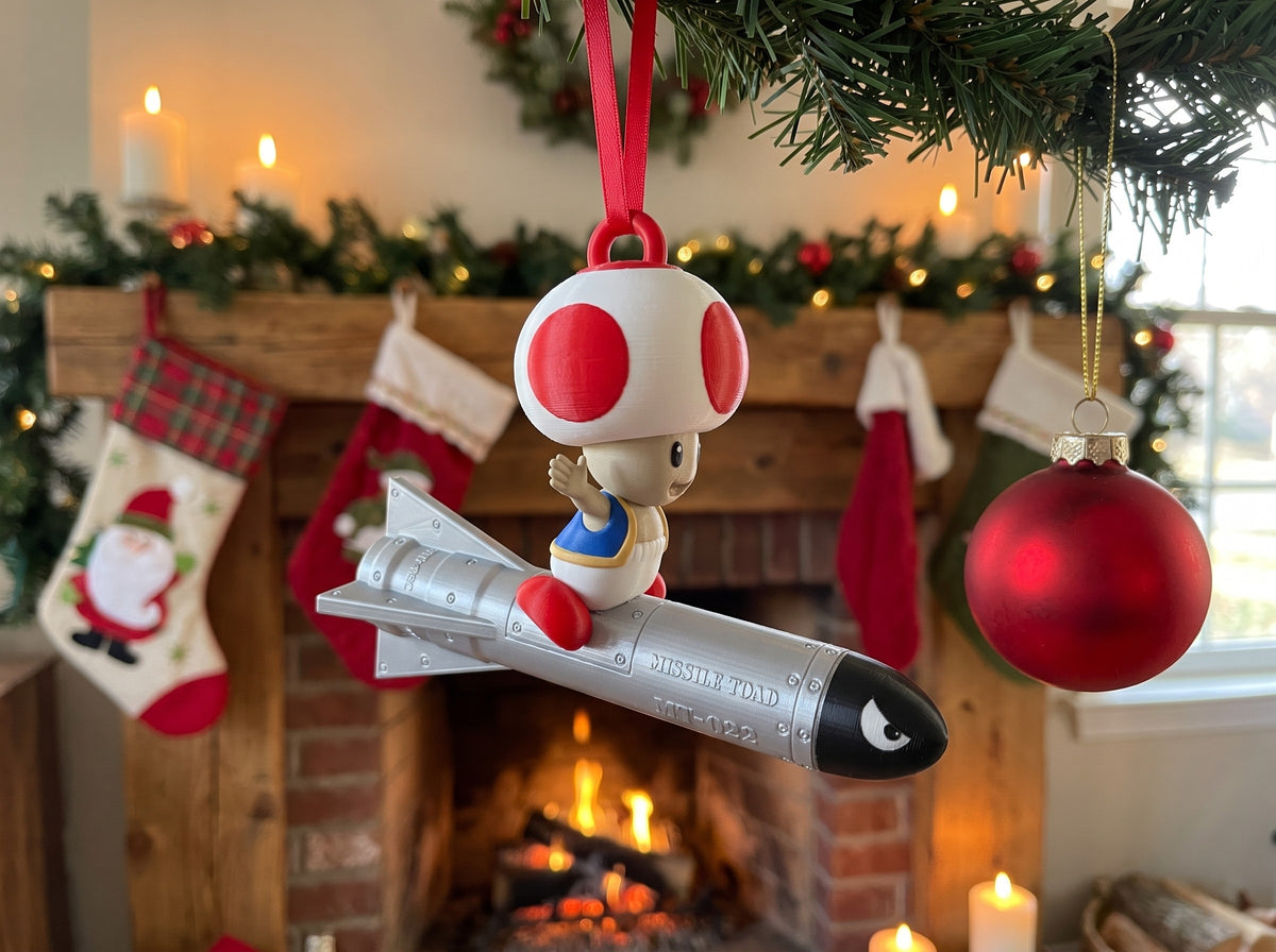 Mario Missile Toad hanging by a Christmas fireplace with stockings