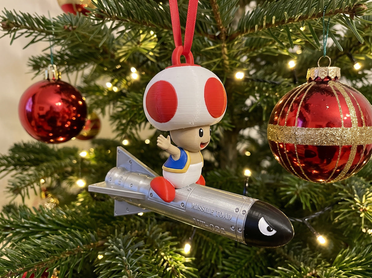 Mario Missile Toad Christmas ornament hanging on a Christmas tree, Full Colour
