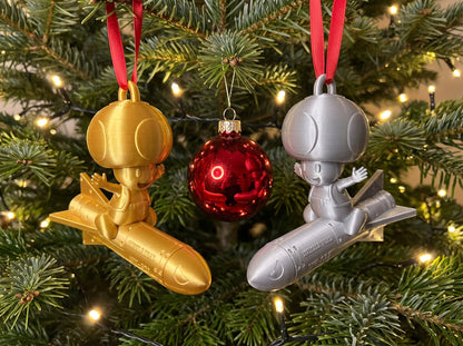 Gold and silver single colour Mario Missile Toads on a Christmas tree