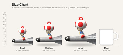 Mario Missile Toad size chart, Small to Large next to a mug