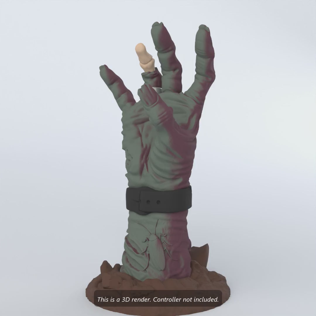 3D render of the zombie hand controller holder spinning, then holding PS5, Xbox and Switch Pro controllers