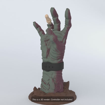 3D render of the zombie hand controller holder spinning, then holding PS5, Xbox and Switch Pro controllers