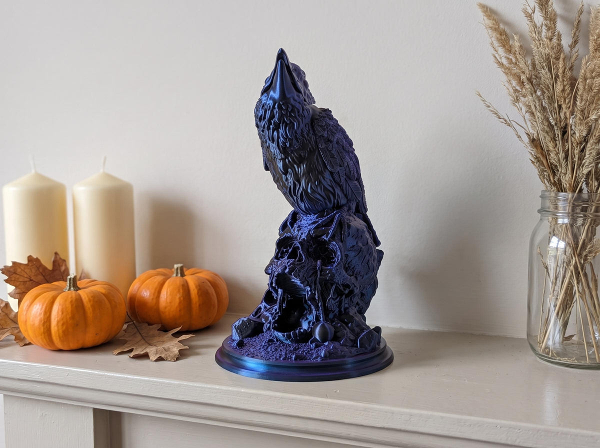 Raven dice tower on a shelf with pumpkins and candles