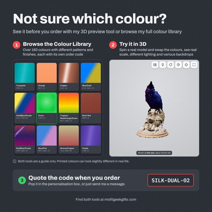 Not sure which colour? Browse the Colour Library and try the raven dice tower in the 3D preview, then quote the colour code when you order