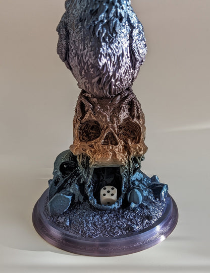 Dice rolled out of the skull's mouth at the base of the tower