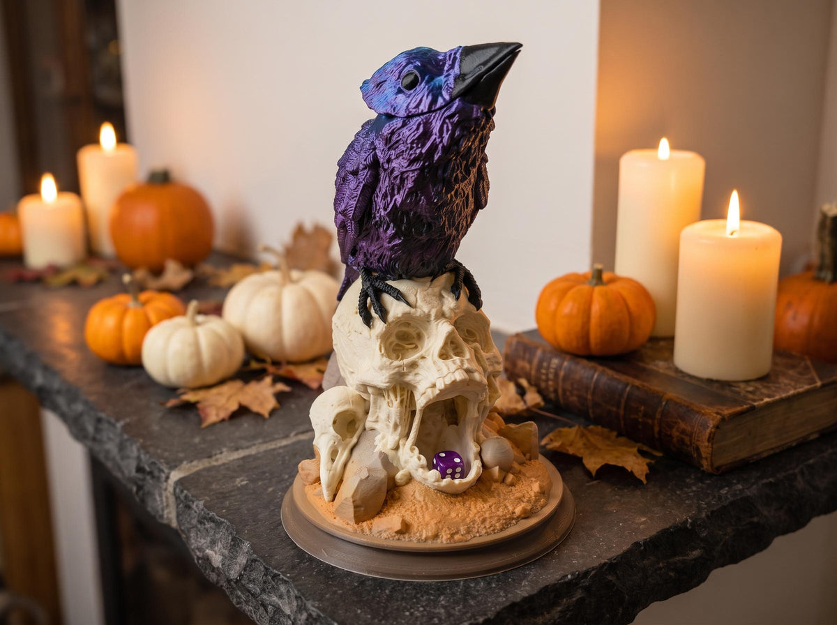 Full Colour raven skull dice tower on an autumn mantel with candles and pumpkins