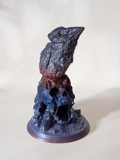 Single colour raven skull dice tower printed in a multi-colour silk