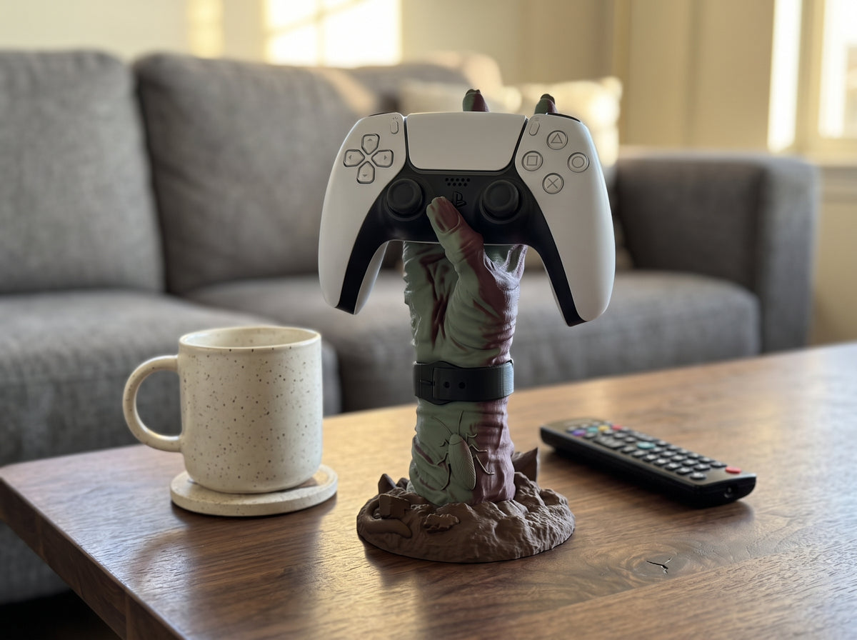 Zombie hand controller holder with a PS5 controller on a living room coffee table