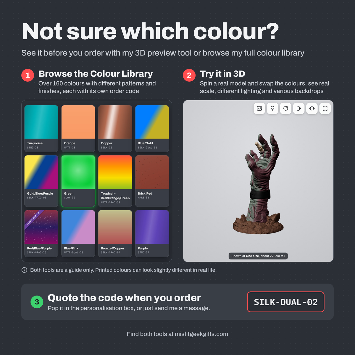 Colour Library and 3D Preview tools for choosing your colours